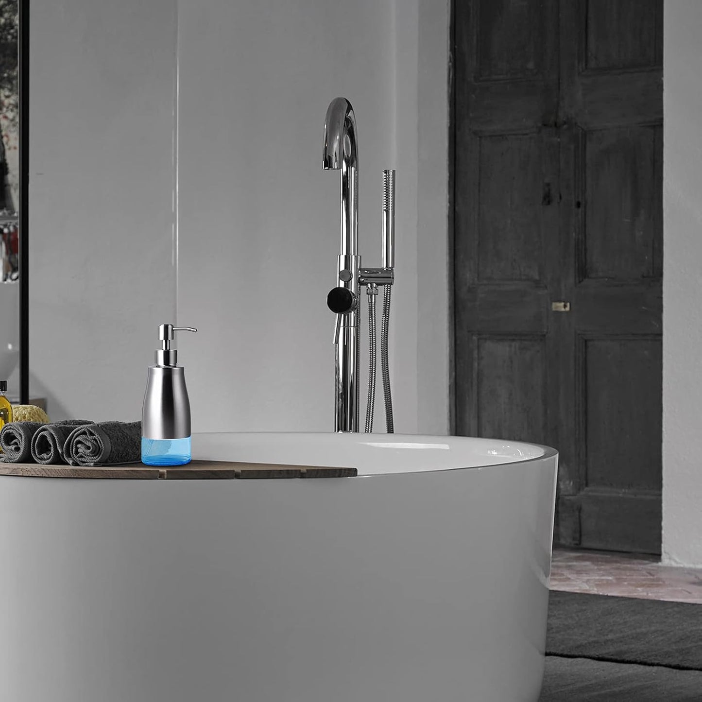 Non-Slip Soap Dispenser with Brushed Nickel Stainless Steel Case, Glass Liner, and Hand Pump for Kitchen/Bathroom. Refillable Liquid Soap Dispenser, 11oz/320ml Capacity.