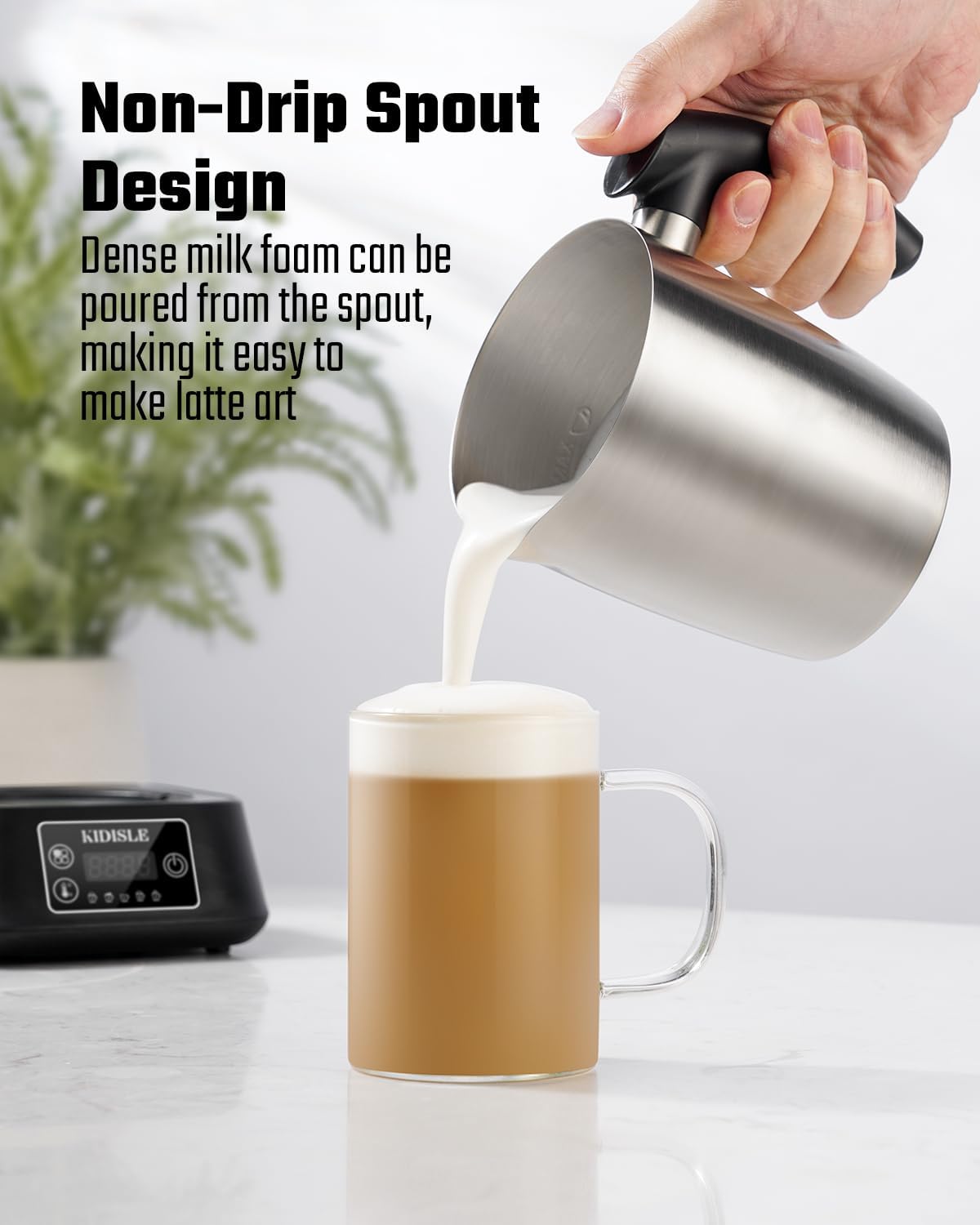 5-in-1 Milk Frother and Steamer, 17oz Detachable Frother with Adjustable Temperature, Stainless Steel Milk Steamer, Hot & Cold Foam Maker for Coffee, Latte, Hot Chocolate, Dishwasher Safe