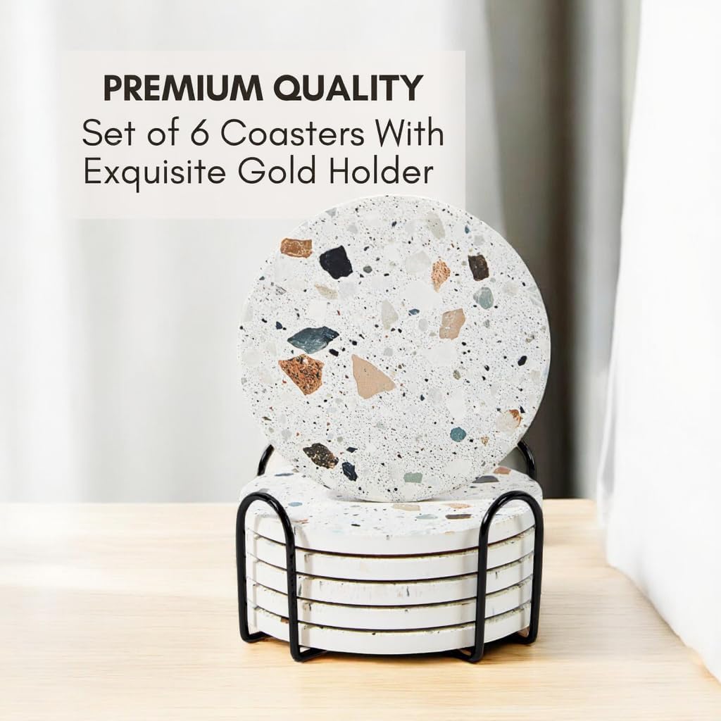 Absorbent Coaster Set of 6 with Holder, Drink Coasters for Coffee Table, Kitchen, Home Decor, Cute Ceramic Round Coasters, Alternative to Silicone, Cork or Glass Coaster (Granite with Black Holder)