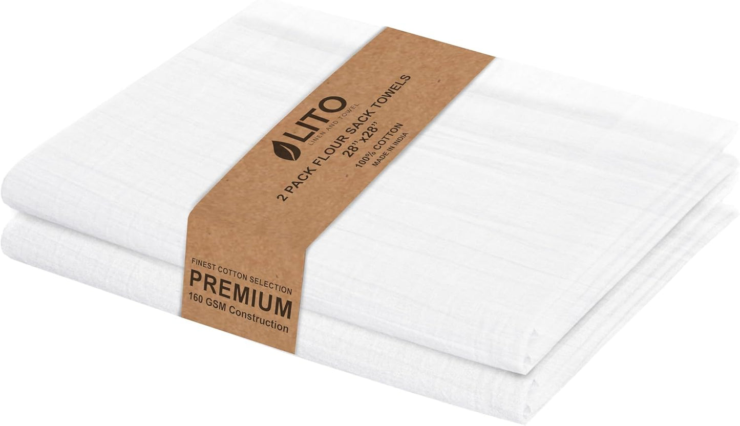 LITO LINEN AND TOWEL Flour Sack Towels – 100% Cotton, 28x28 Inches, Highly Absorbent, Embroidery-Ready Tea Towels for Kitchen & Crafts, Farmhouse Decor, Pack of 2 White