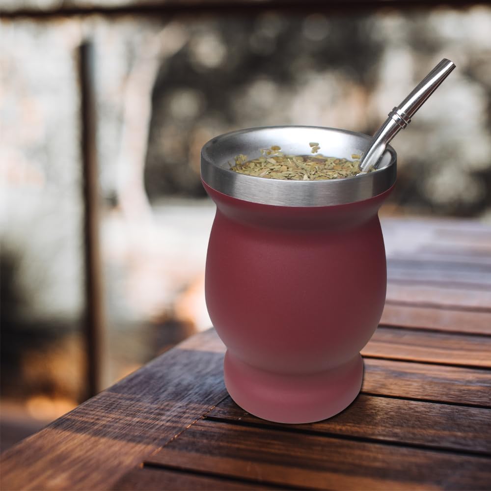 Beruth Bombilla Yerba Mate Gourd, 8oz Stainless Steel Tea Cup Set with a Multifunctional Lid, Two Straws and Cleaning Brushes, Double Walled Coffee Mug Heat Insulation Anti Scalding (Burgundy)
