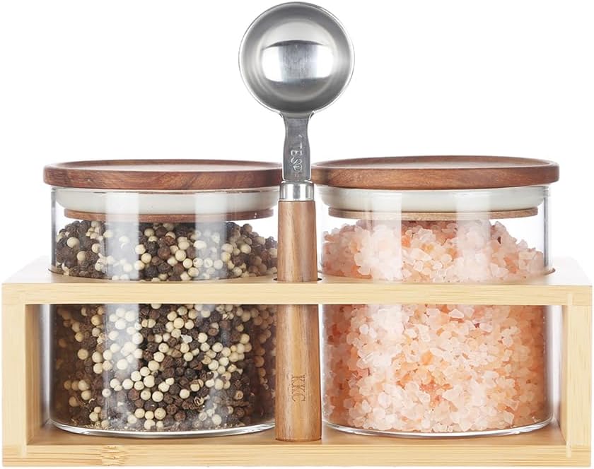 KKC HOME ACCENTS Airtight Borosilicate Glass Food Storage Jars with Wood Lids and Scoop for Coffee,Tea,Sugar,Salt,Wooden Top Glass Sealed Jars,18 Fluid Ounces