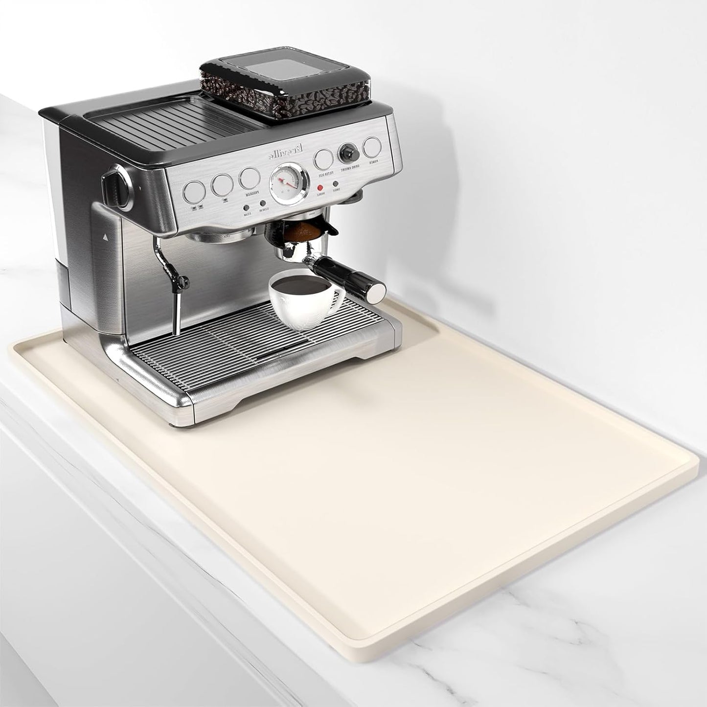 Rnivvi Silicone Coffee Mat, 16" x 24" Waterproof Raised Edge Coffee Bar Mats for Espresso Machine Station Accessories, Heat Resistant Dish Drying Pad for Kitchen Counter, Rubber Bar Decor Pad, Beige
