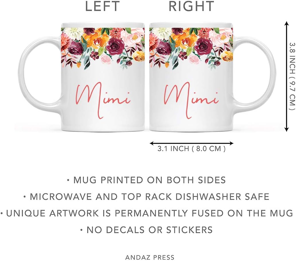Andaz Press 11oz. Mother's Day Ceramic Coffee Tea Mug Gift, Fall Autumn Burgundy Orange Peach Flowers Roses Florals, Mimi, 1-Pack, Includes Gift Box, Birthday Christmas Gift Ideas