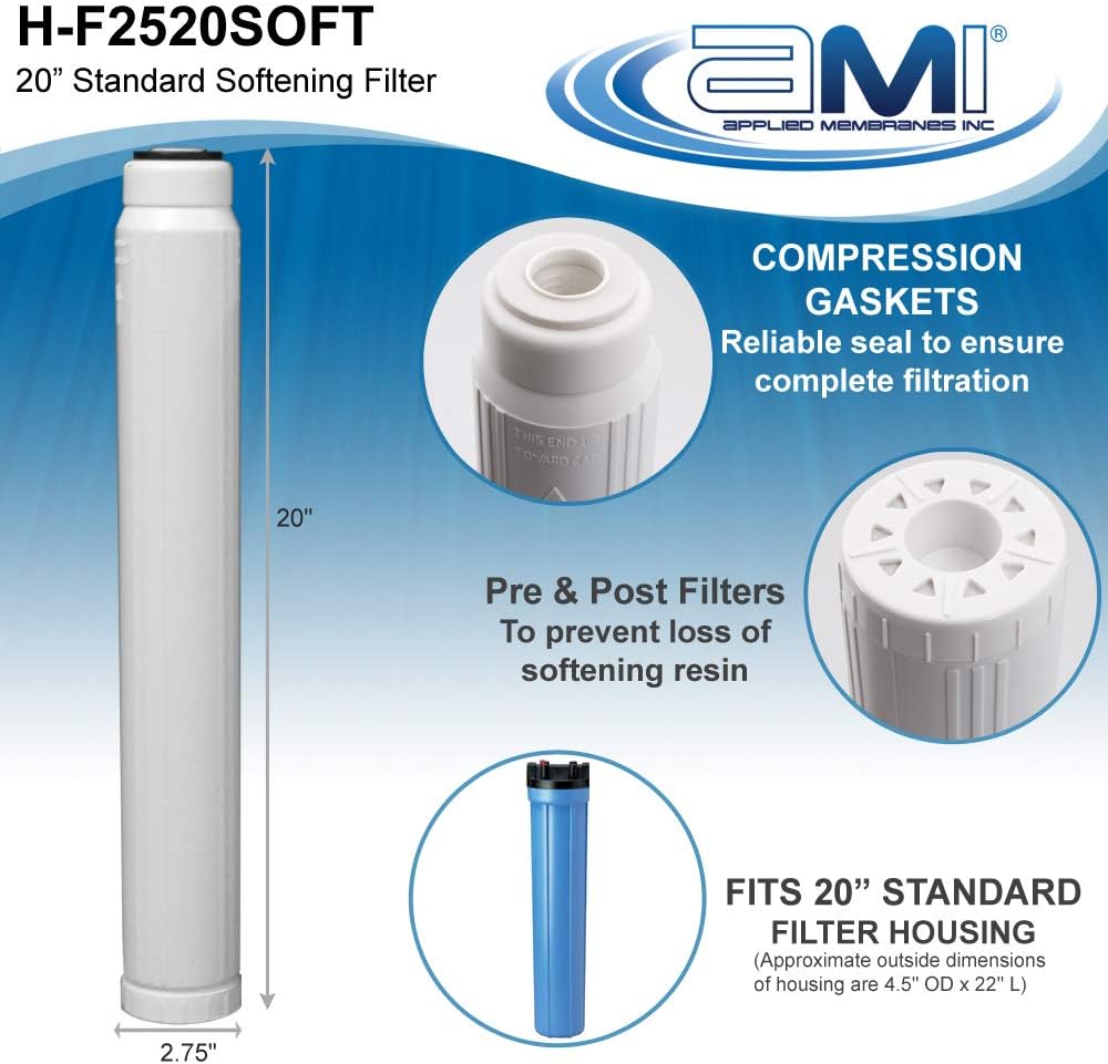 Water Softening Filter Cartridge | 20" Standard Universal Size | Ion Exchange Filter Softens Water | Great for Espresso and Washing Machines (20" Standard | 1 Pack)