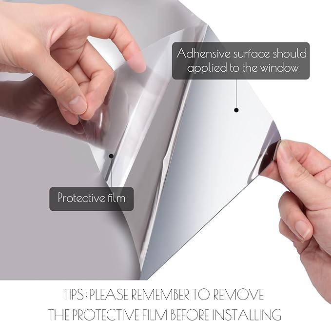 HIDBEA One Way Privacy Window Film, Daytime Mirror Reflective Heat Control UV Sun Blocking Non-Adhesive Static Cling Window Tint for Home and Office (Black-Silver, 23.6 Inch × 6.5 Feet)