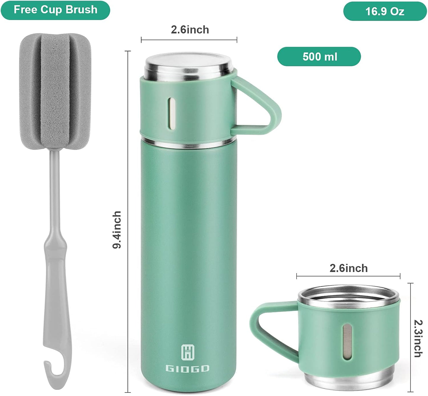 Stainless Steel Thermo 500ml/16.9oz Vacuum Insulated Bottle with Cup for Coffee Hot drink and Cold drink water flask.(Green,Set)