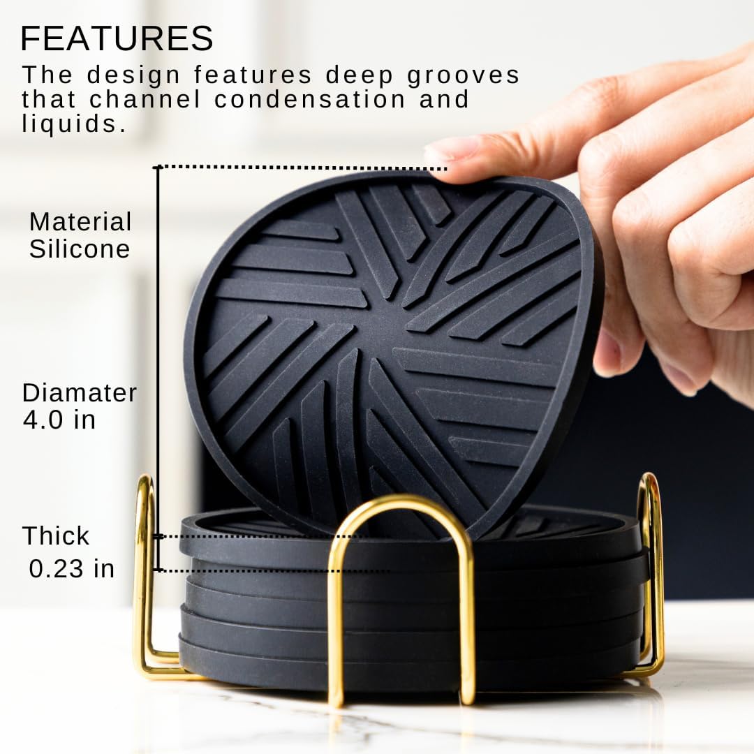 Silicone Black Coasters Set of 6 with Gold Holder - Coffee Table Decor for Home and Office, Durable and Stylish Coaster Set for Protection and Aesthetic Appeal