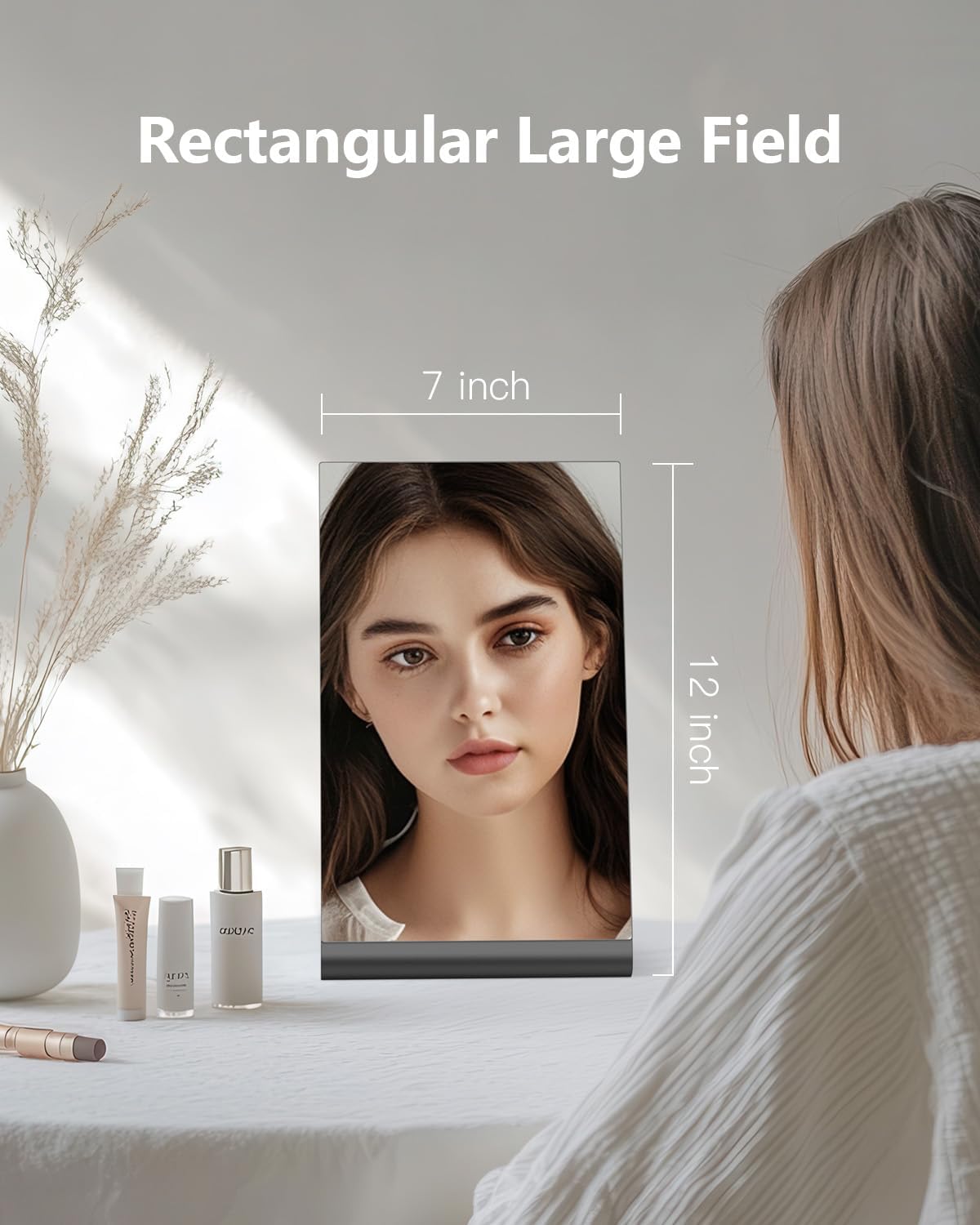 Rectangular Makeup Mirror for Desk, 12 inch Aluminum Free Standing Table Mirror, Bathroom Counter Mirror, Space Black