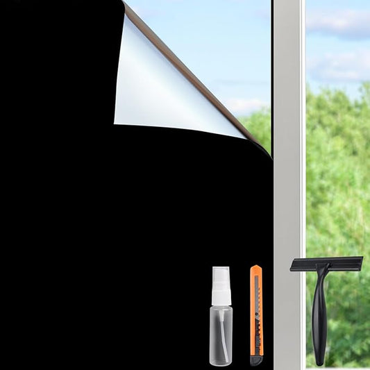 HIDBEA Mirror Blackout Window Film,100% Light Blocking Room Darkening Window Privacy Film,Mirror Glass Window Film Heat Control, Removable Window Cover Tint for Day Sleep (Mirror Black,17.7in x 6.5ft)
