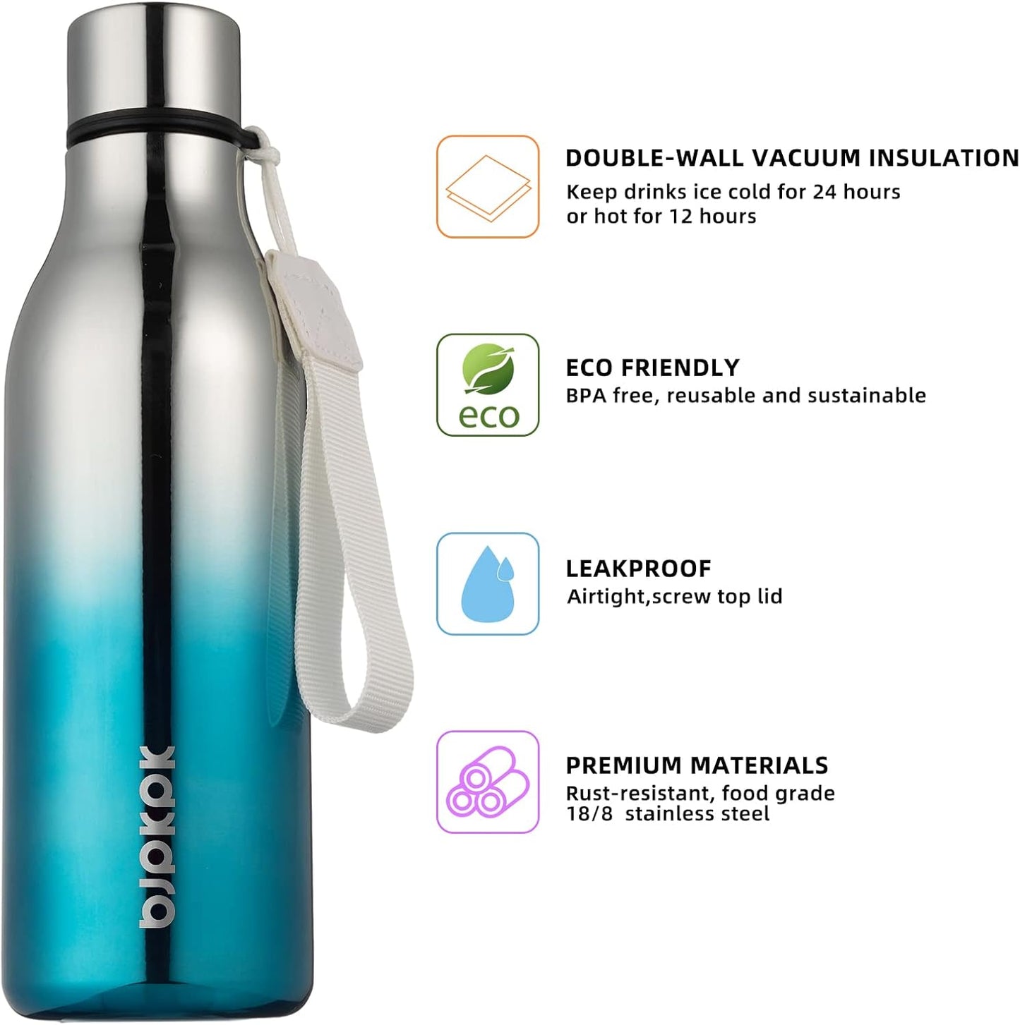 BJPKPK Insulated Water Bottles, 18 oz Stainless Steel Metal Water Bottle with Strap, BPA Free Leak Proof Thermos, Mugs, Flasks, Reusable Water Bottle for Sports & Travel, Blue Lagoon