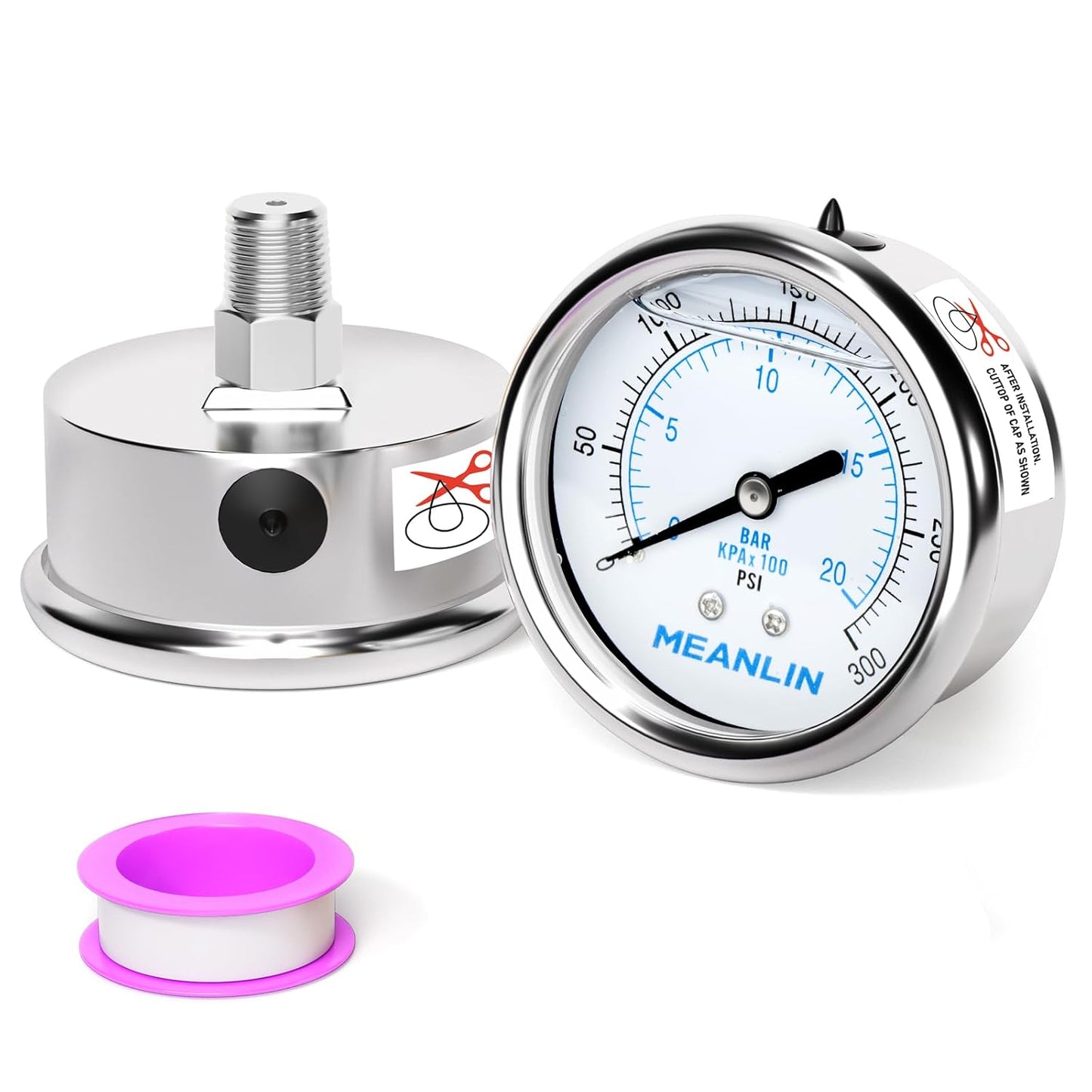 MEANLIN MEASURE 0~300Psi Liquid Filled Pressure Gauge Stainless Steel with 316 Stainless Steel Joint 1/4" NPT 2.5" FACE DIAL for Air Compressor Air Regulator Water Filter Center Back Mount