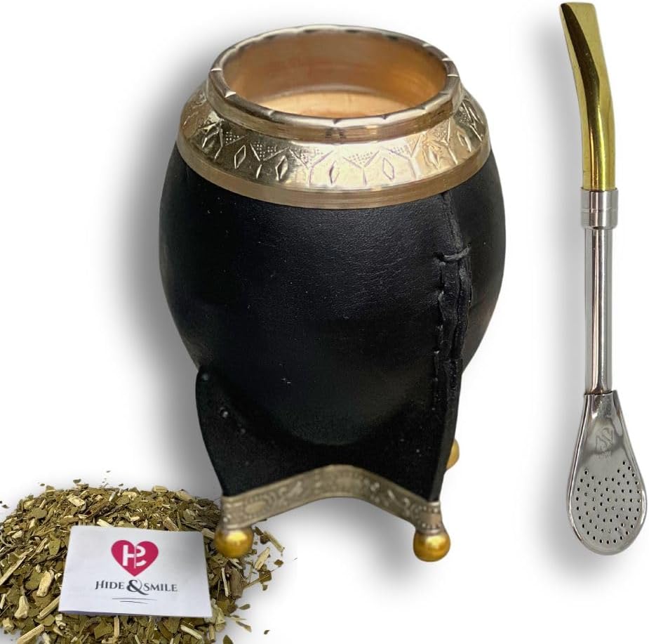 Hide & Smile Torpedo Premium Handmade Mate Kit, pumpkin and leather Cup And Bombilla Set, Authentic Argentine Mate Gourd Tea, Includes Straw, Souvenir from Argentina, Original Design (Black)