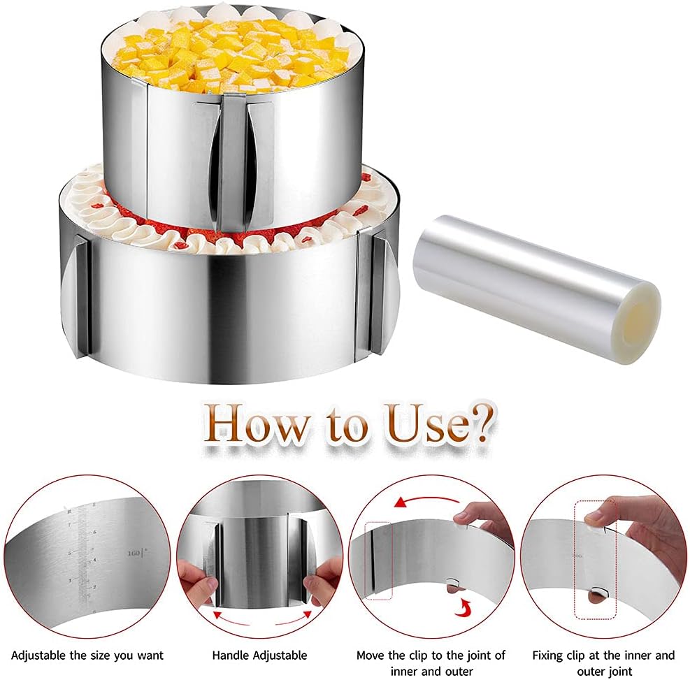 Cake Rings Mousse Mold Acetate Cake Collar Set - Adjustable 6 to12 Inches Stainless Steel Baking Rings Round Cake Molds with 5.5 x 394 Inch Clear Cake Acetate Sheet Rolls for Baking Pastry, Cake Decor