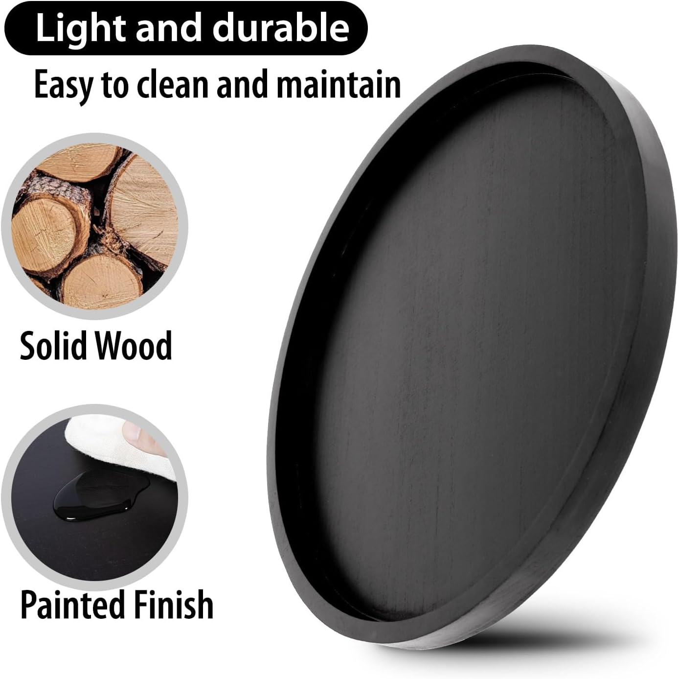 Round Ottoman Tray for Coffee Table Living Room Wood Serving Tray Large Wooden 20 Inches Black