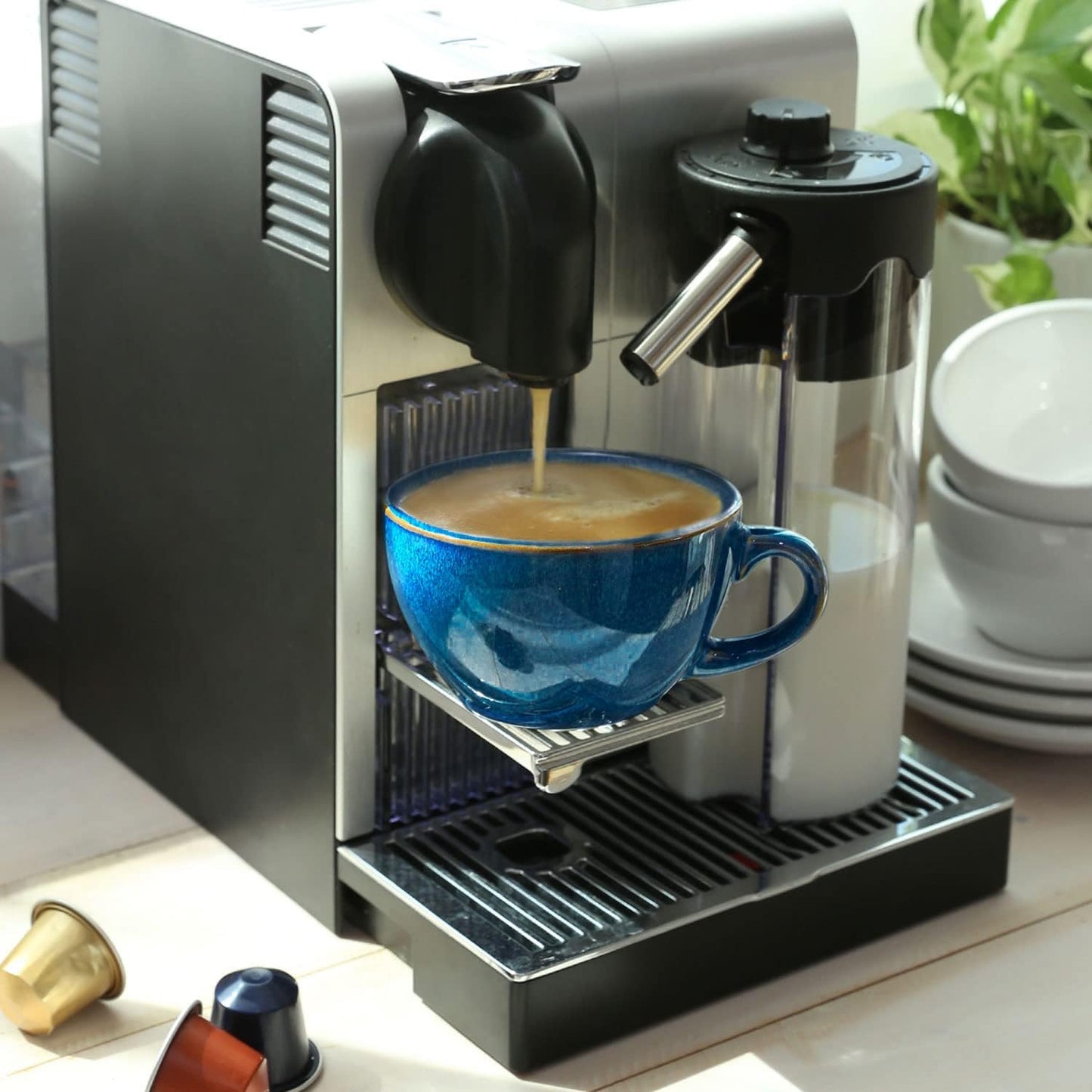 LE TAUCI 8 oz Cappuccino Cups with Saucers, Ceramic Large Coffee Cup for Au Lait, Double shot, Latte, Cafe Mocha, Tea - Set of 4, Ceylon Blue