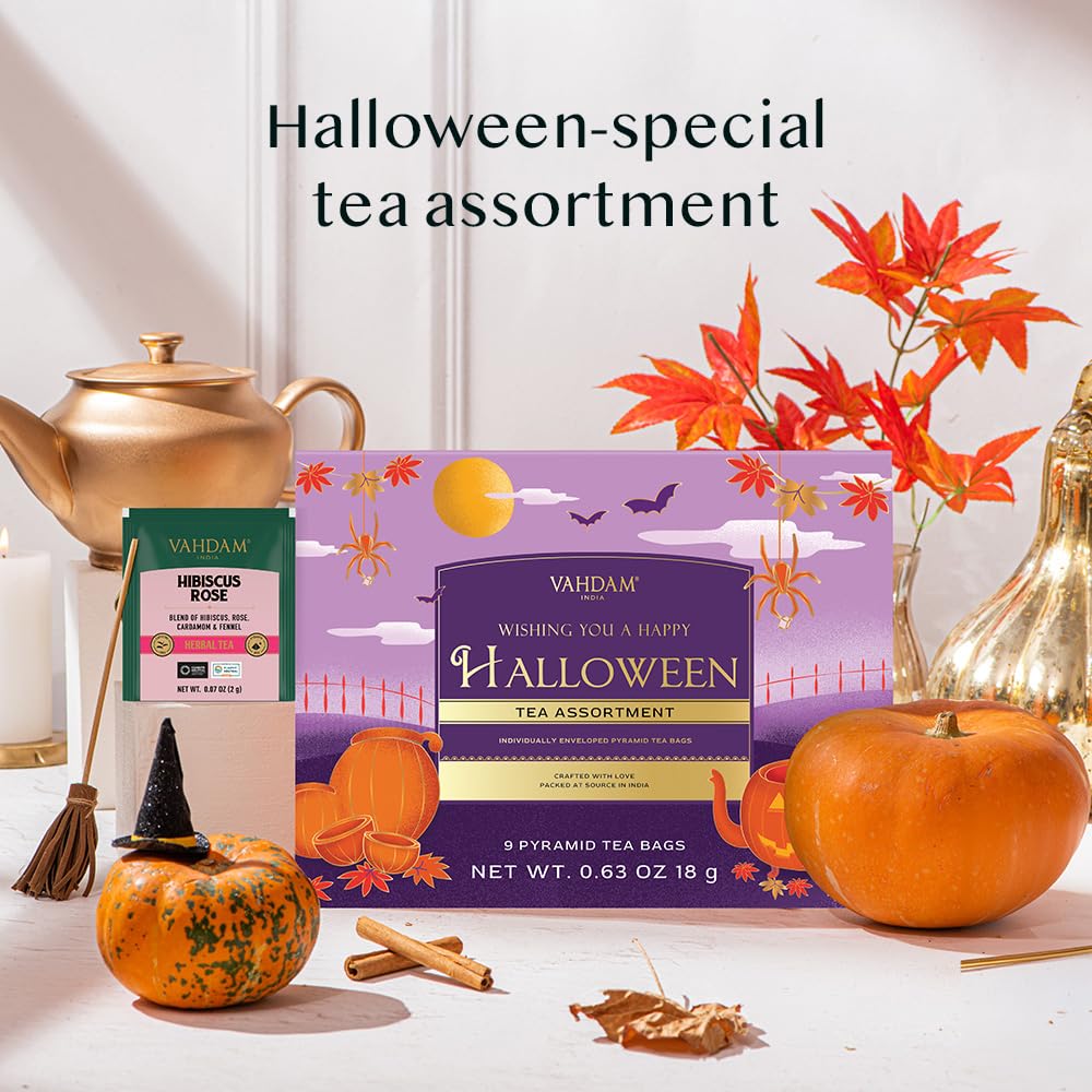 VAHDAM, Limited Edition Halloween Tea Gift Basket | 9 Premium Variety Pyramid Tea Bags | Halloween Gifts for Women, Men and Adults I Tea Gift Set