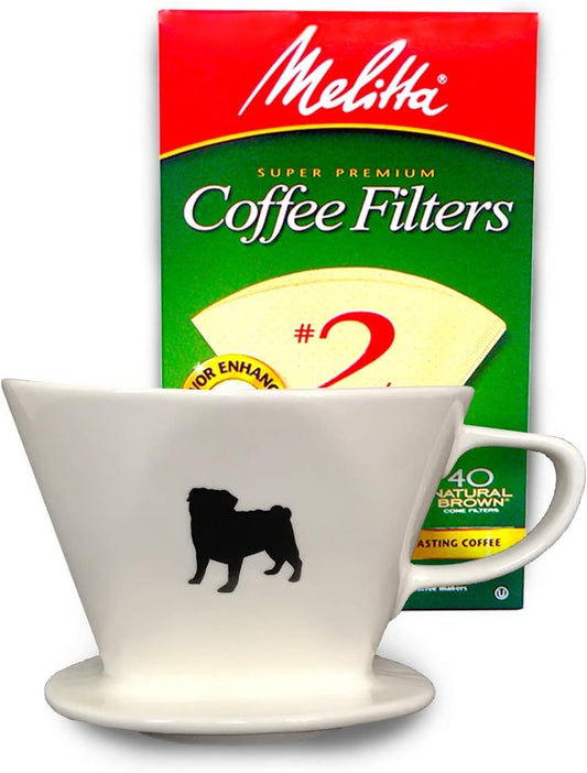 Simply Charmed Pug Coffee Pour Over Single Cup Ceramic Brewer Coffee Maker with Melitta Filters