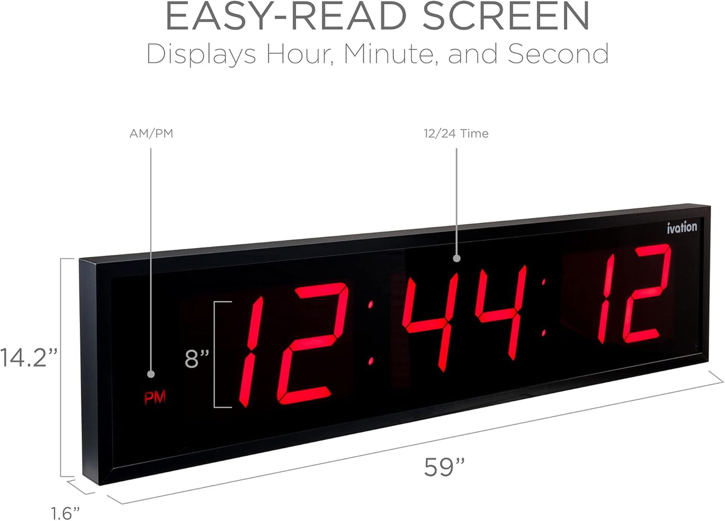 Ivation Huge Oversized 60" Large Digital LED Clock | Big Digital Clock w/Multi-Function Display – Stopwatch, Timer, Alarms, Temp & Date | 6 Brightness Levels, Time Memory & Remote (Red)