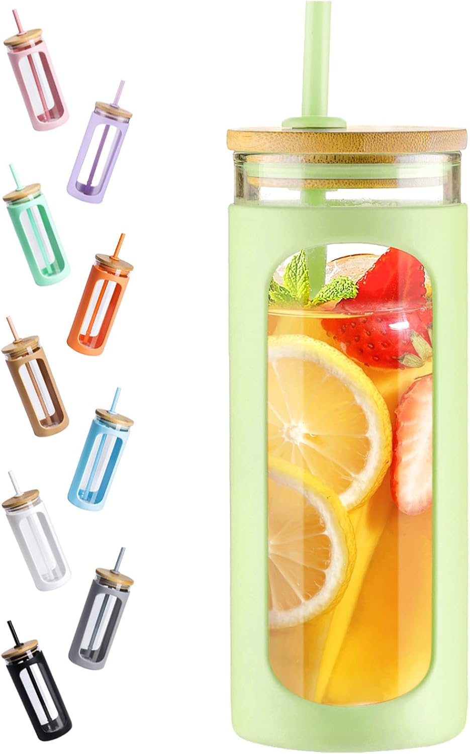 Kodrine 20oz Glass Tumbler with Straw and Lid, Iced Coffee Cups with Bamboo Lids, Glass Cups for Cold Drinks, Smoothie Cup with Silicone Sleeve for Travel, Work, BPA FREE-MintCream