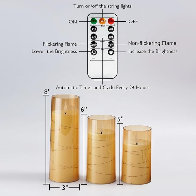 Homemory 9 Pcs Flameless Candles with Embedded Star String Fairy Lights, Battery Operated Candles, LED Candle, Fake Candles with Remote Control and Timer (Gold)