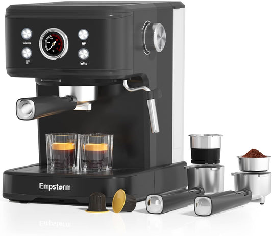 Black Espresso Machine with Milk Frother, Cappuccino Machines for Home, Coffee Espresso Machine Suitable for Coffee Powder/NS Original Capsules, Espresso Maker with Thermometer