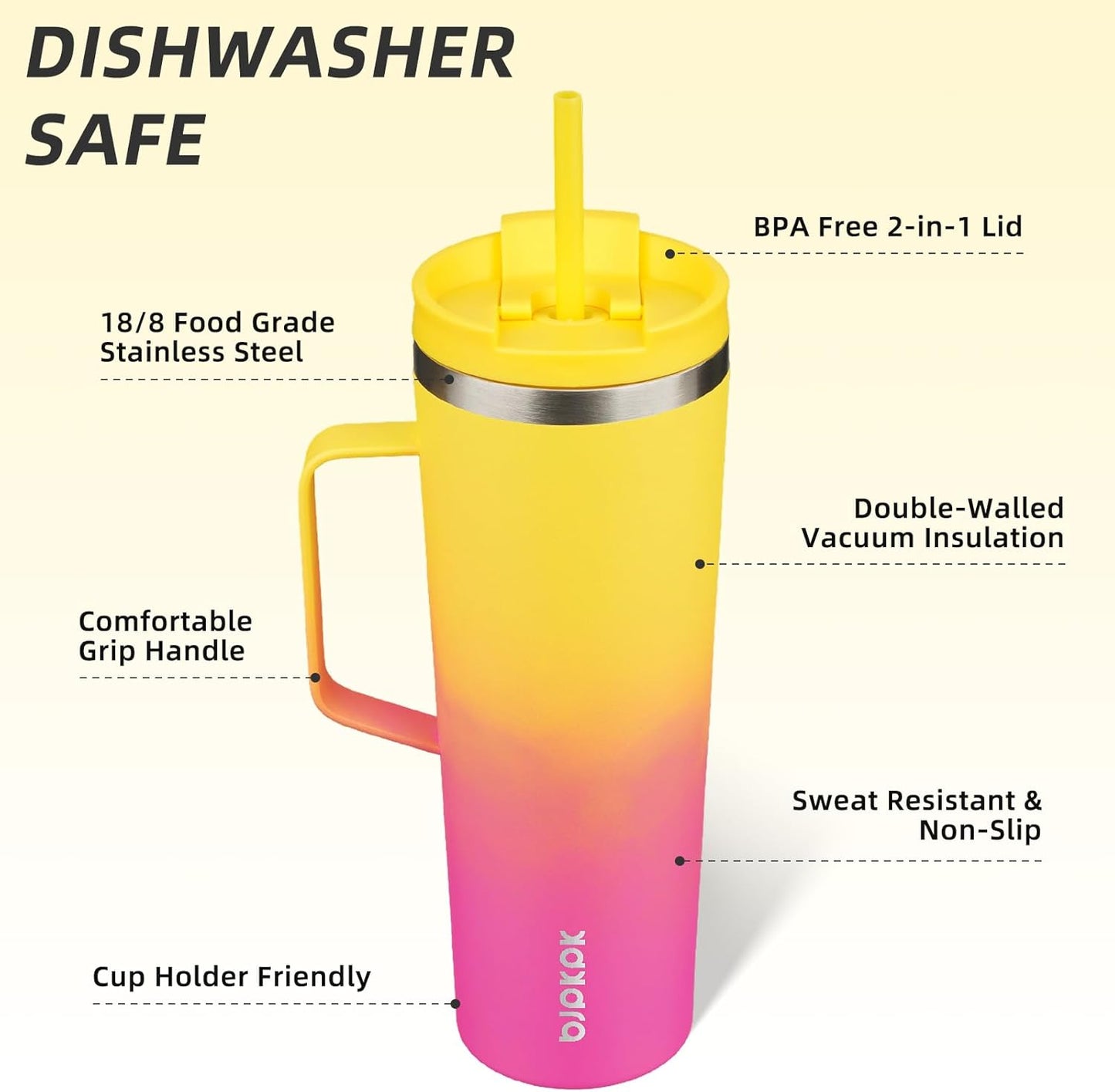 BJPKPK Insulated Tumbler with Handle, 30oz Insulated Tumblers with Lid and Straw, Stainless Steel Metal Water Bottles, Coffee Travel Mugs, Cups, Pink & Yellow Rose