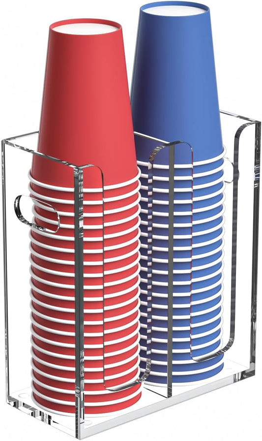 Disposable Coffee Cup Dispenser with Handles, Countertop or Wall Mount Hot/Cold Drink Cup and Lid Holder - Bathroom/Kitchen/Office Acrylic Cup Lid Storage Organizer (2 Compartments, Clear)