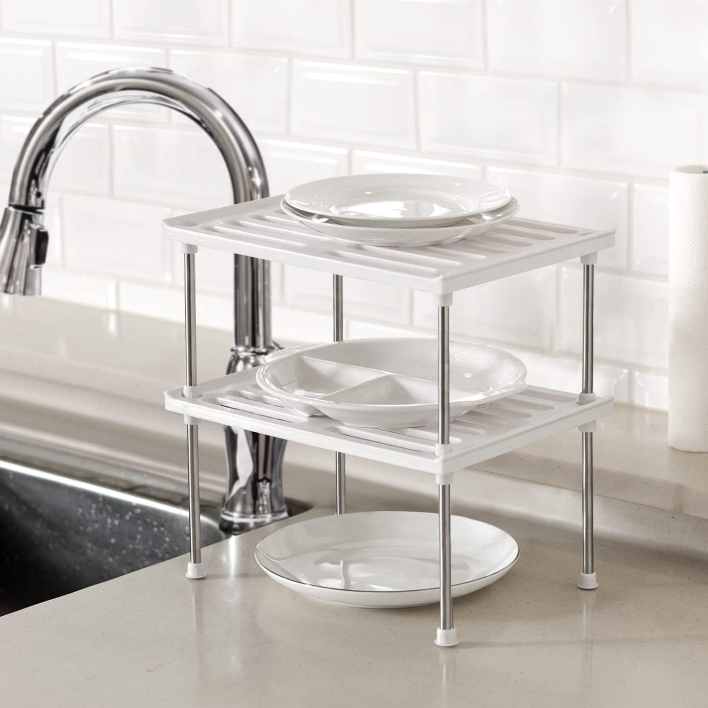 carrotez Kitchen Cabinet Organizer, Cabinet Shelves and Storage, Pantry Storage Shelf Organizer, Kitchen Counter Shelf, Cupboard, Under Sink, Stackable, Expandable, Set of 2, White