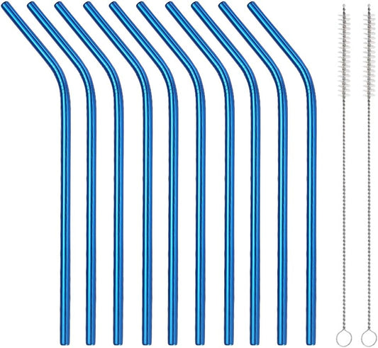 10 Pcs Stainless Steel Straws, Reusable Drinking Straws, Bent Metal Straw Sets with 2 Pcs Cleaning Brushes (Blue, 10.5 Inch)