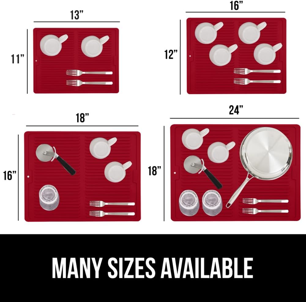 GORILLA GRIP 100% BPA-Free Patented Silicone Dish Drying Mat for Kitchen Counter, Water Catching Ribbed Design, Easy Clean Waterproof Sink Liner, Heat Resistant, Fits Under Rack, 16x12 Inch, Red