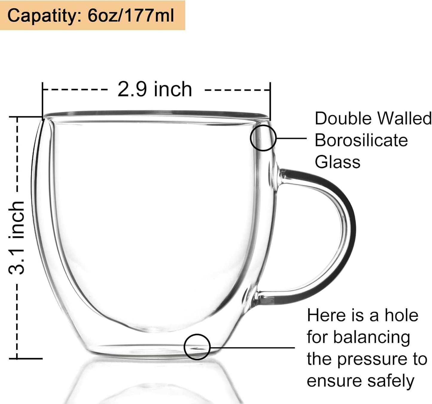 ZONEYILA Double Wall Glass Coffee Mugs Set of 4-6 OZ Insulated Coffee Cups - Clear Glass Drinkware with Handle for Double Espresso, Cappuccino, Latte, Hot/Cold Beverages