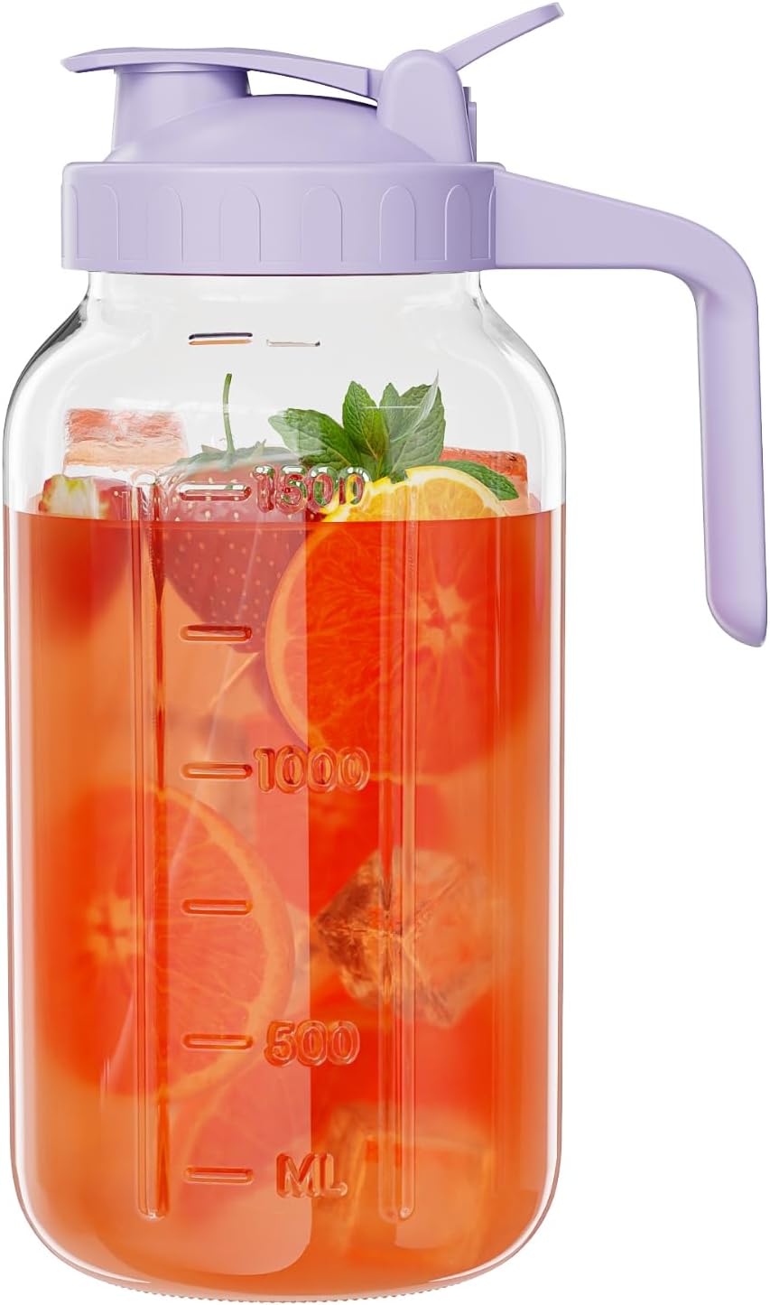 Glass Mason Jar Pitcher, 64 oz Wide Mouth Jug with Pour Spout Handle Lid for Cold Brew Coffee, Ice Beverage, Iced Juice, Lemonade, Sun Tea, Fruit Drinks Container（Purple）