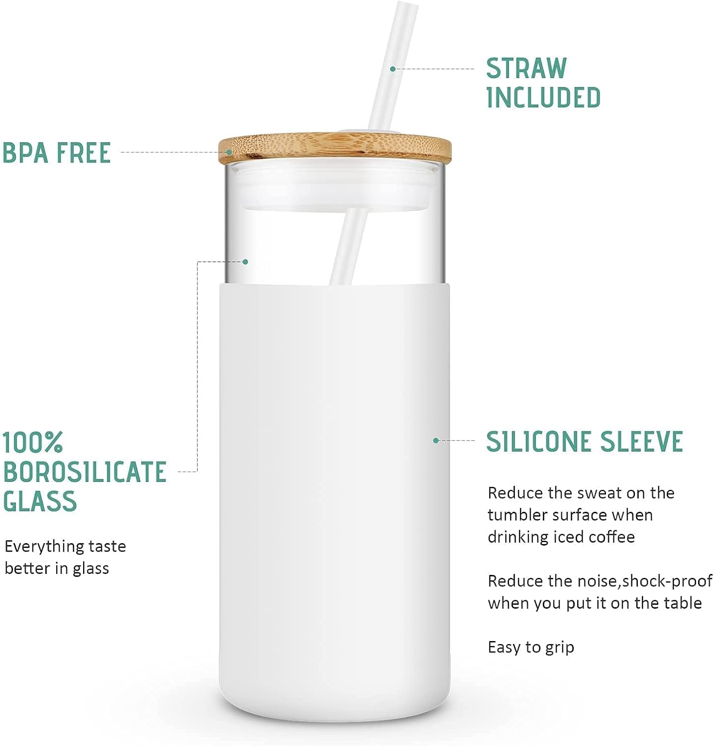 Tronco 20 oz Glass Tumbler with Lid and Straw, Reusable Iced Coffee Cup with Silicone Sleeve & Bamboo Lid, Smoothie Cup for Home,Office, for Father Men Day Gift from Wife Daughter Son (Gress)