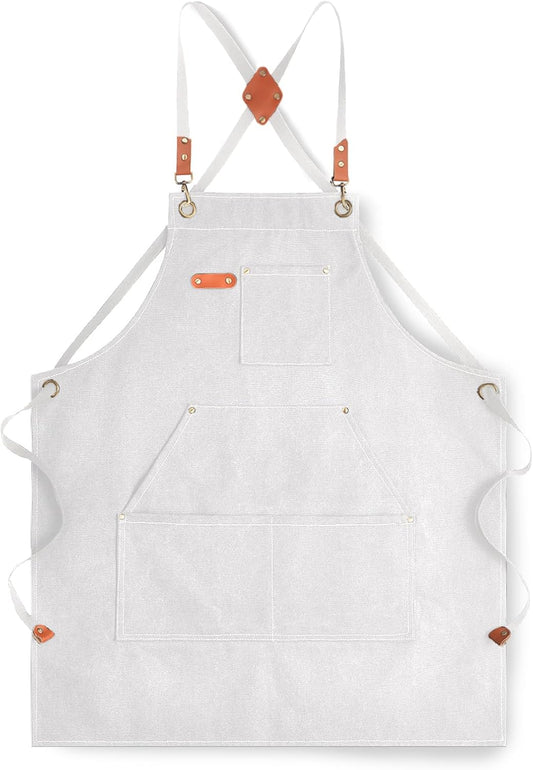 Canvas Aprons for Men Chef Apron, Work Apron with Large Pockets - 16oz Heavy Duty Cross Back, BBQ, Cooking