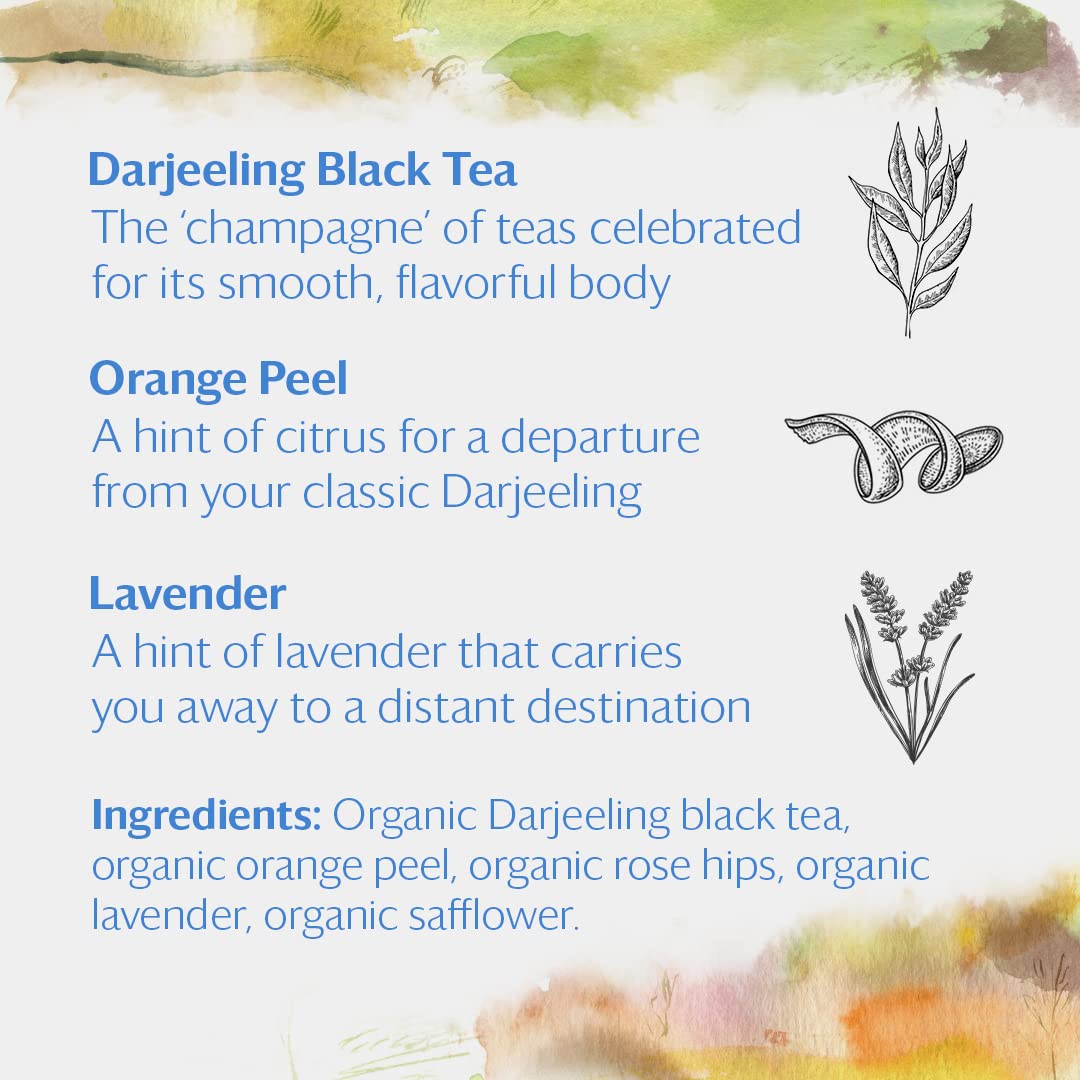 Grace Farms Organic Darjeeling Sunrise Black Tea, 16 Pyramid Sachets | Darjeeling & Orange | Fairtrade & Kosher |Gives Back 100% of Profits