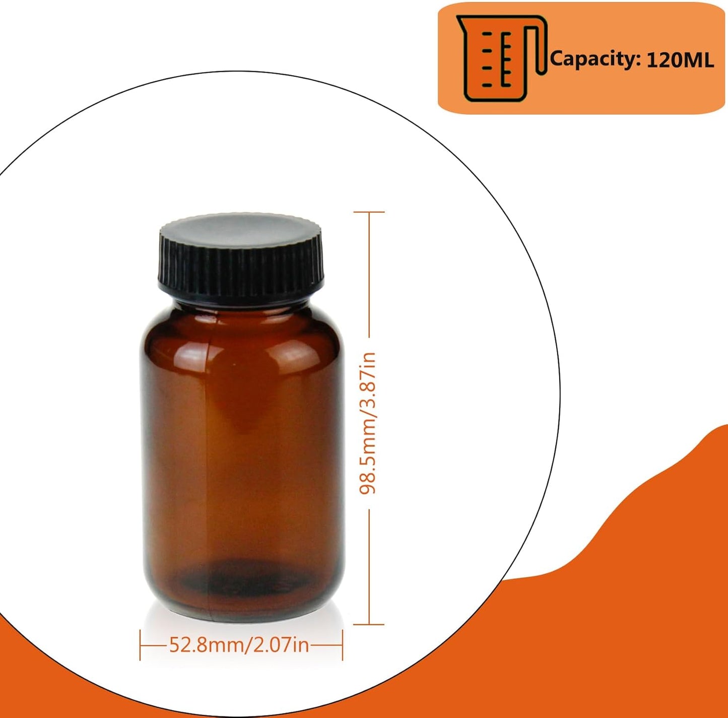 Wide Mouth Packer Bottle, Amber Glass, 120 ML (4 OZ) Capacity with 38-400 Black Polyethylene Screw Cap Lined PE Septa, Package of 24 Units