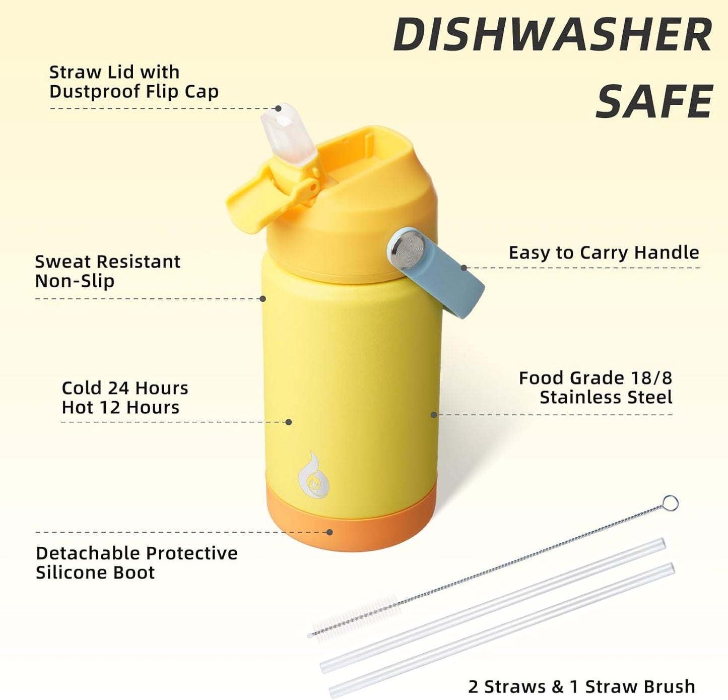 BJPKPK Insulated Water Bottle with Straw Lid, 12oz Thermos Water Bottles with Soft Nozzle, Flex Handle & Non-slip Boot, BPA Free Leak Proof Stainless Steel Metal Thermos, Tumblers, Cups,Yellow