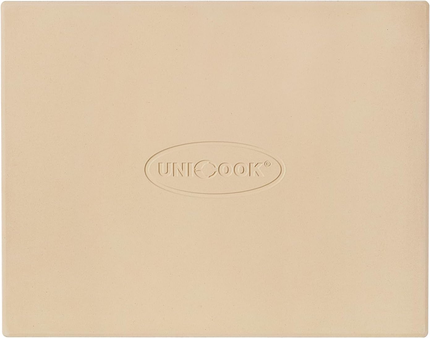 Unicook Pizza Stone for Oven and Grill, Rectangular Baking Pan 15 Inch x 12 Inch, Cordierite Large Cooking Oven Stone with Plastic Dough Scraper, Thermal Shock Resistant Pizza Pan