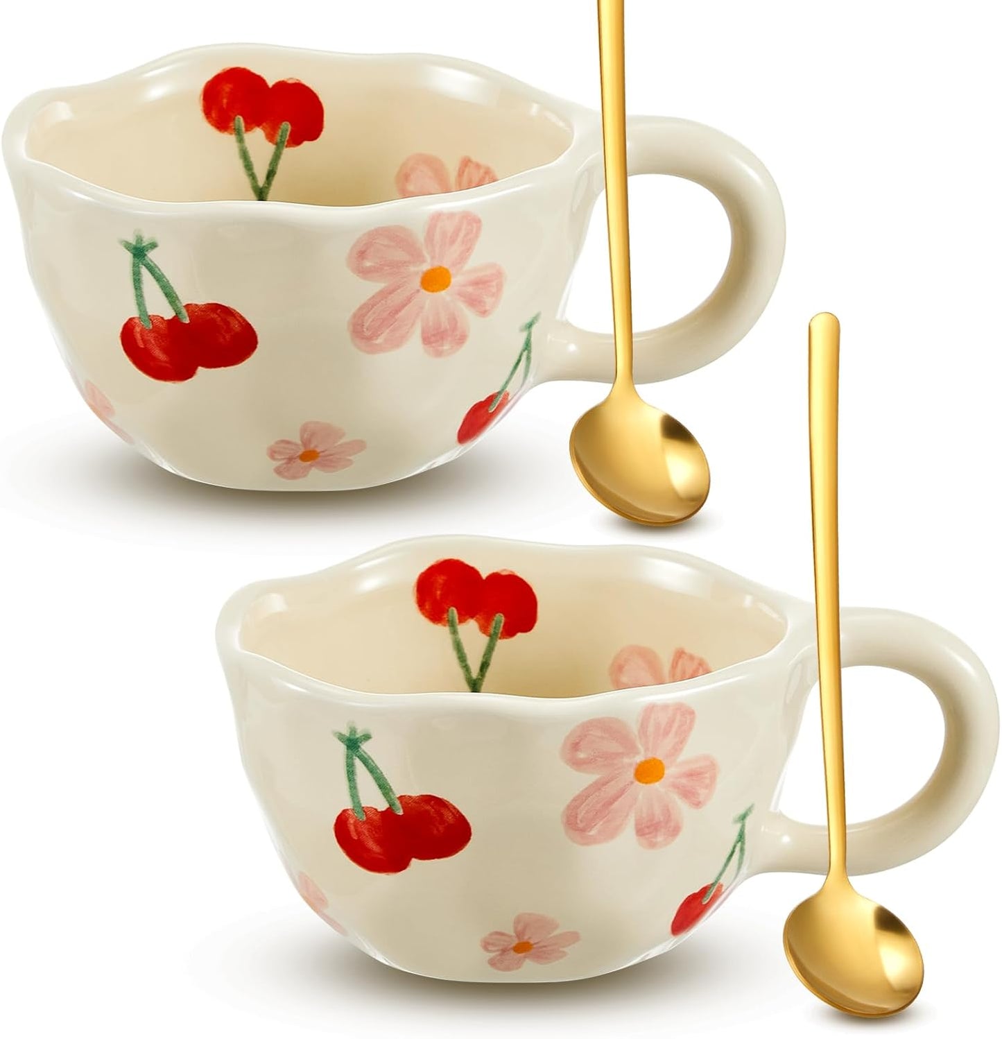 Vesici 2 Pcs Ceramic Coffee Mugs Flower Cups with Spoon Vintage Floral Mugs with Handle 8.5 oz Aesthetic Tea Porcelain Cup Gift for Valentine Office Home, Dishwasher and Microwave Safe(Cherry)