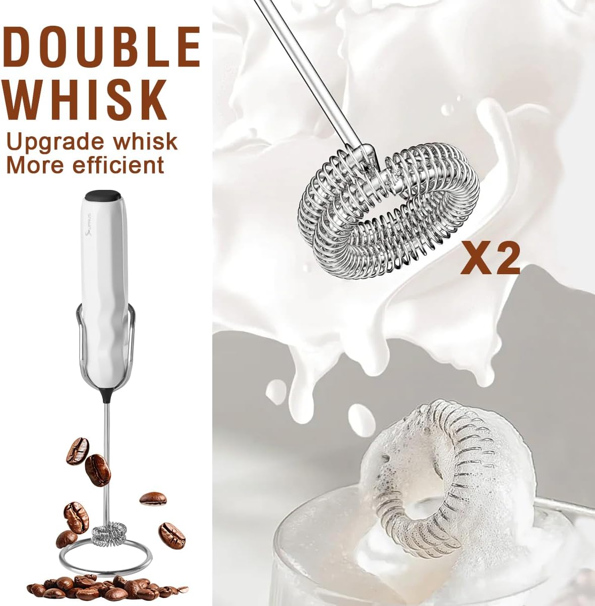 SUPRUS Ultra Fast Handheld Milk Frother Double Whisk with Stand 2 Batteries Stainless Steel for Lattes Cappuccino Matcha Hot Chocolate Coffee Bar Accessories Kitchen Gadgets Gift