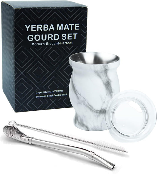 LA FEE Yerba Mate Natural Gourd/Tea Cup Set Brown (Original Traditional Mate Cup - 8 Ounces)，Includes Yerba Mate Straw & Cleaning Brush，Stainless Steel | Double-Walled | Easy to Clean (White)