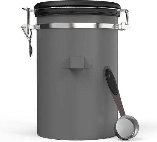 HAIOOU Large Coffee Canister, 38OZ Oversized Stainless Steel Coffee Bean Storage Container with Date Tracker, Measuring Scoop, CO2 Releasing Valves for Beans, Grounds and more - Gray