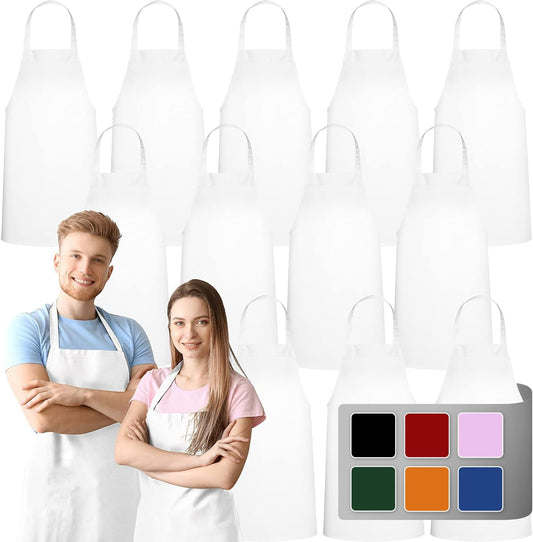 GREEN LIFESTYLE 12 Pack Bib Apron - Unisex White Aprons, Machine Washable Aprons for Men and Women, Kitchen Cooking BBQ Aprons Bulk (Pack of 12, No Pockets, White)