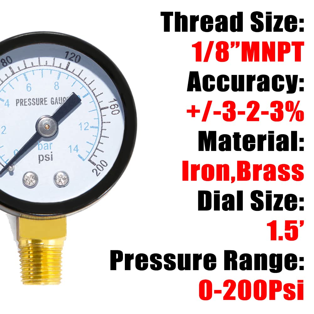 1/8" NPT 200Psi Steel Economical All Purpose Pressure Gauge with Brass Internals 1.5" Dial Display Bottom Mount