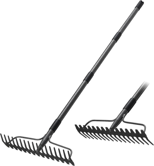 Garden Rake, 63 Inch Long Handle with 17 Tongs, Heavy Duty Metal Bow Rake for Loosening Leveling Soil, Garden Leaf Rake for Raking Leaves Grass , Weeding, Metal Yard Thatch Lawn Care Garden Tool