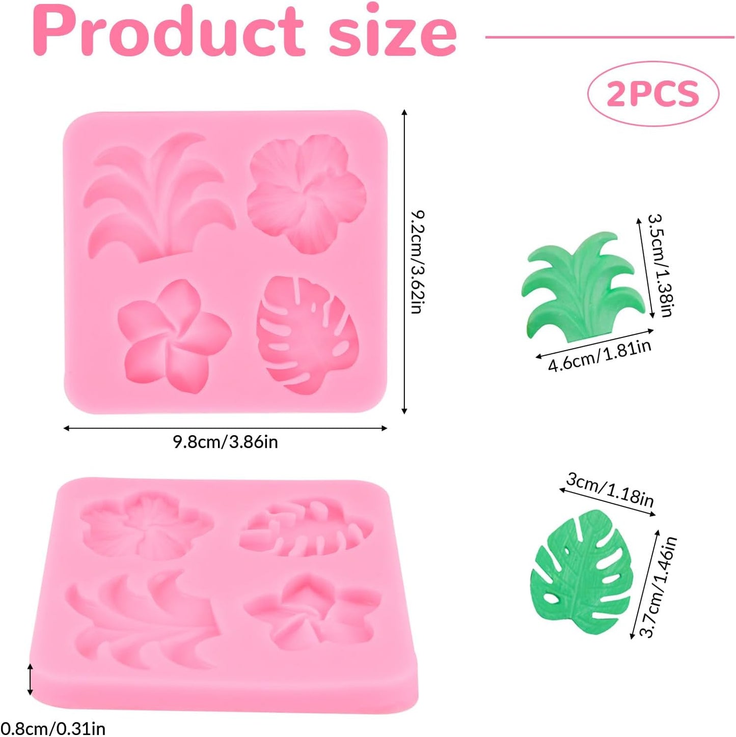 2 Pcs Tropical Flowers and Leaves Silicone Mold Set Plumeria,Hibiscus,Monstera Leaf for Diy Chocolate,Candy,Gummy Molds,Fondant,Cupcake Topper,Hawaiian Party Decoration(Pink)