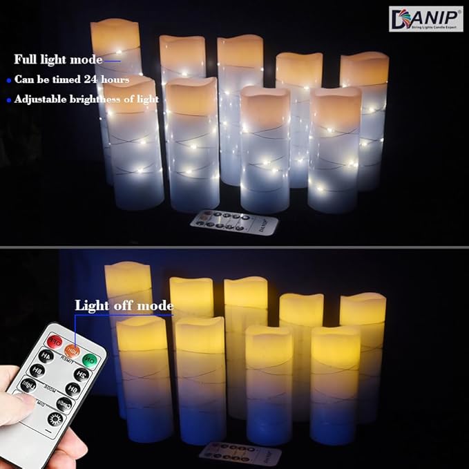 Sky Blue Flameless Candle, with Built-in Star Clusters, 9 LED Candles, 11 Button Remote Control, 24-Hour Cycle Timing, Flashing Flames, Real Wax, Battery Powered. (Full Sky Star Series)…
