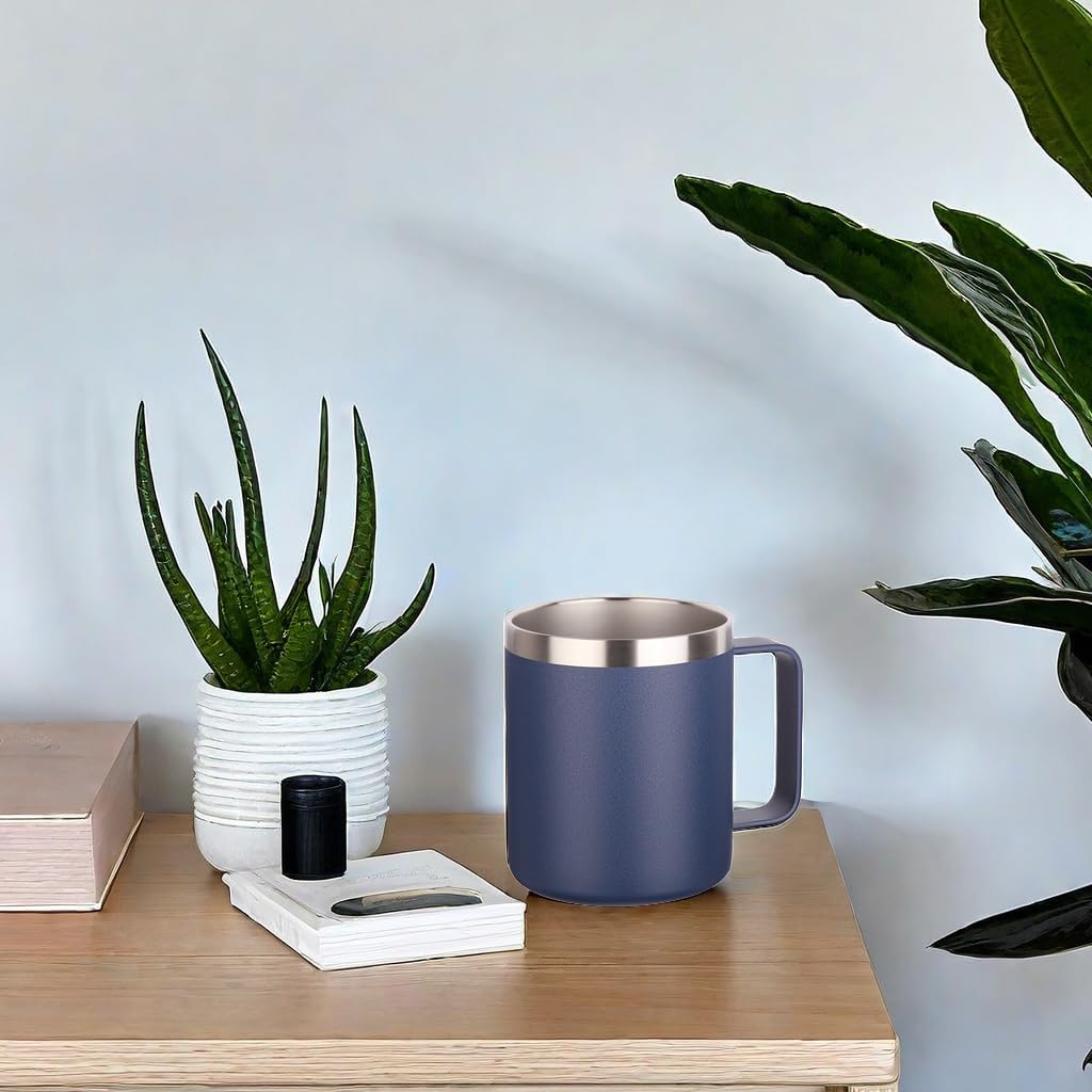 Volhoply 14oz Insulated Stainless Steel Coffee Mug with Lid Bulk 2 Pack,Double Wall Vacuum Travel Coffee Cup with Handle,Reusable Metal Cups Tumbler,Camping Mugs Keep Hot,Ideal Gifts(Navy,2)