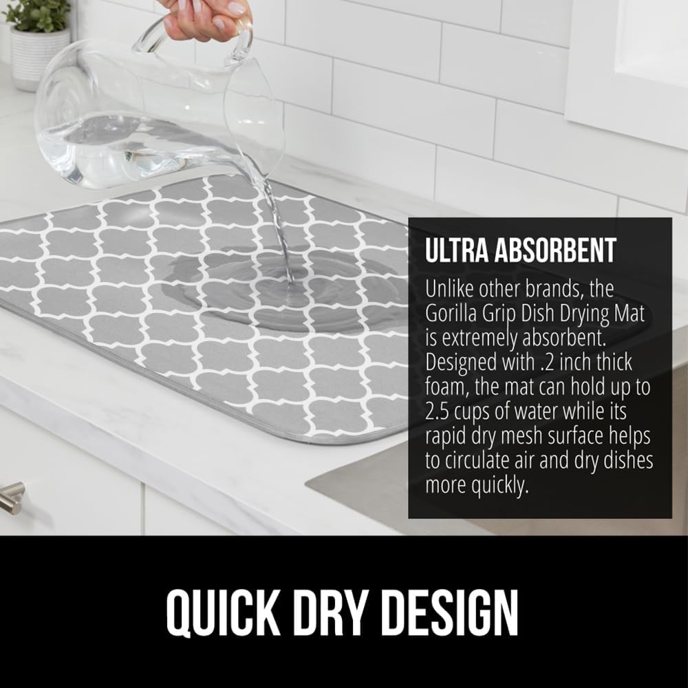 GORILLA GRIP Ultra Water Absorbent Microfiber Dish Drying Mat, Quick Dry Thick Mesh, Slip Resistant Pad for Sink Dishes or Under Rack, Kitchen Counter Accessories, 16x18, Machine Wash Mats, Quatrefoil